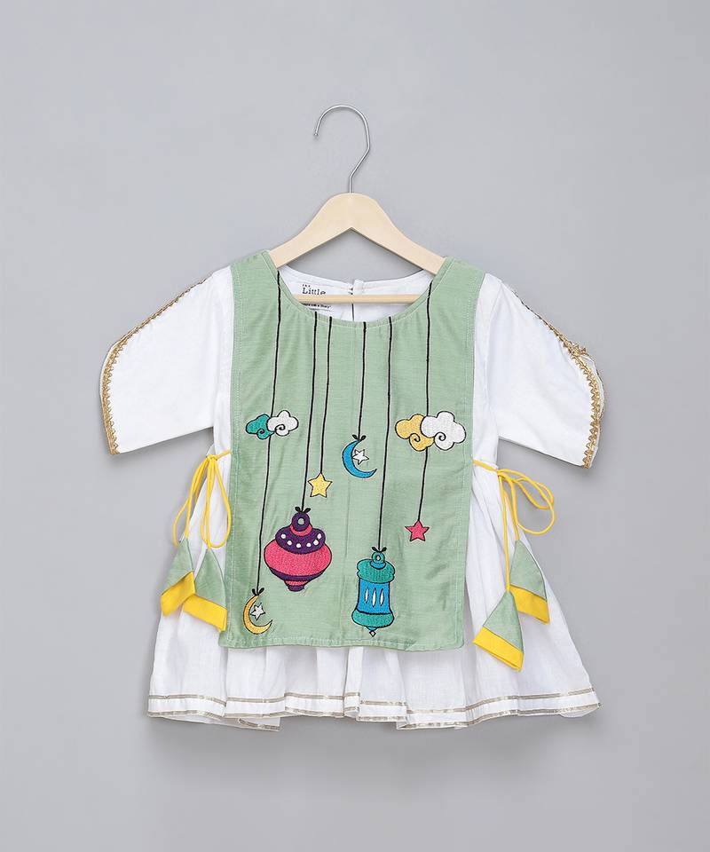 Green white embroidered cotton silk kurta set
