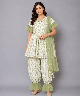 Green white printed cotton silk kurta set 1