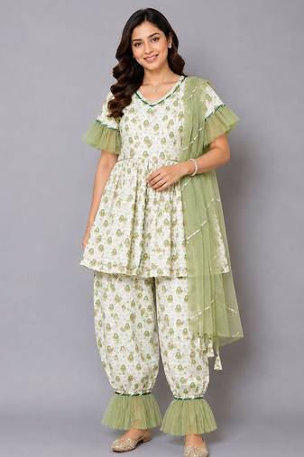 Green white printed cotton silk kurta set