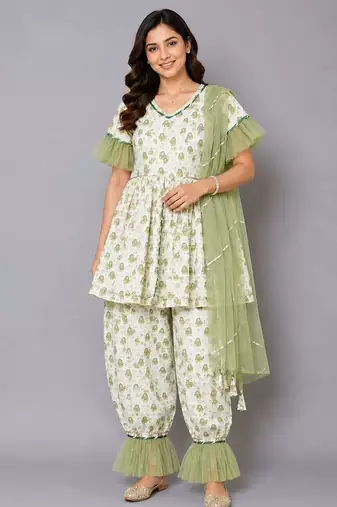 Green white printed cotton silk kurta set