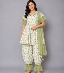 Green white printed cotton silk kurta set