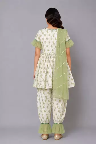 Green white printed cotton silk kurta set