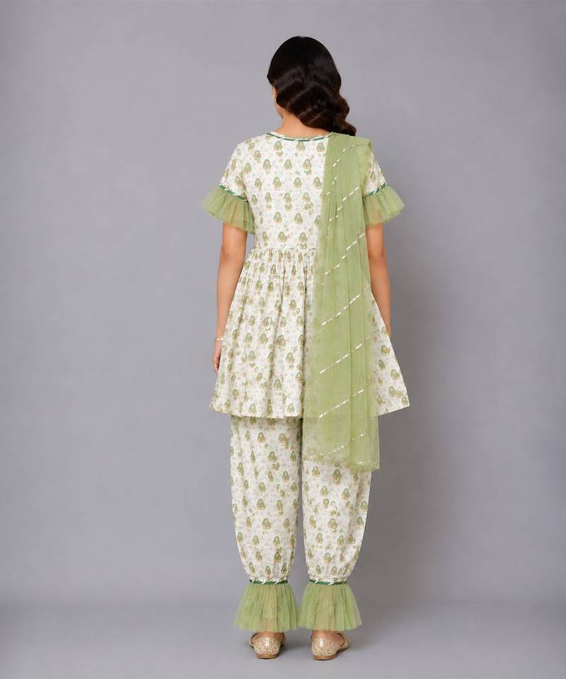 Green white printed cotton silk kurta set