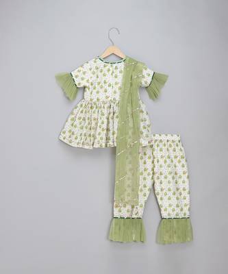 Green white printed cotton silk kurta set 3