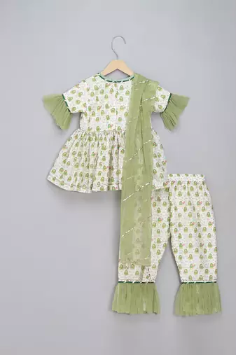 Green white printed cotton silk kurta set