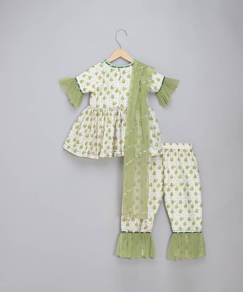 Green white printed cotton silk kurta set