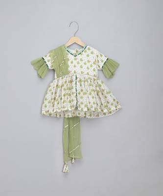 Green white printed cotton silk kurta set 4