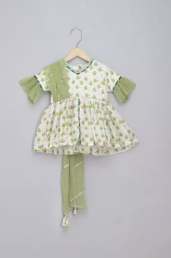 Green white printed cotton silk kurta set