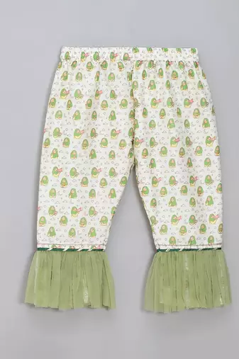 Green white printed cotton silk kurta set