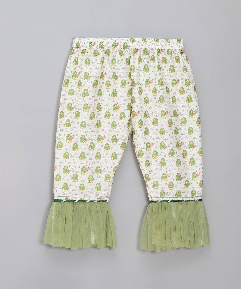 Green white printed cotton silk kurta set