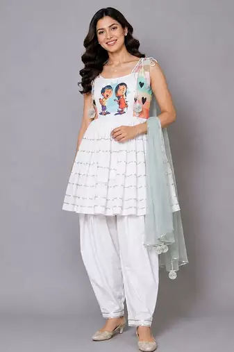 Off white green printed cotton kurta set