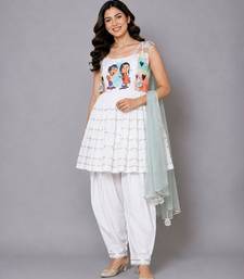 Off white green printed cotton kurta set
