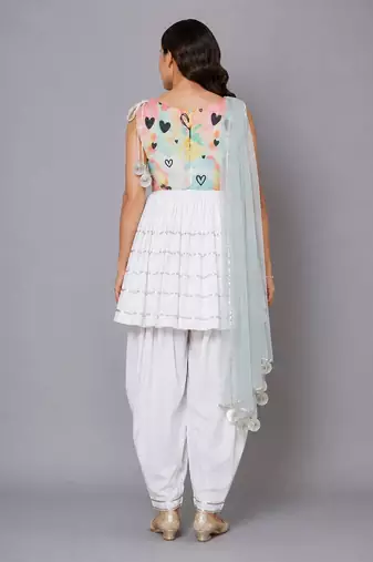 Off white green printed cotton kurta set