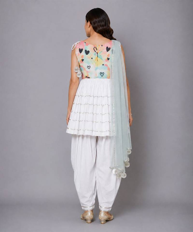 Off white green printed cotton kurta set