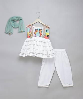 Off white green printed cotton kurta set 3