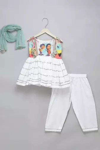 Off white green printed cotton kurta set