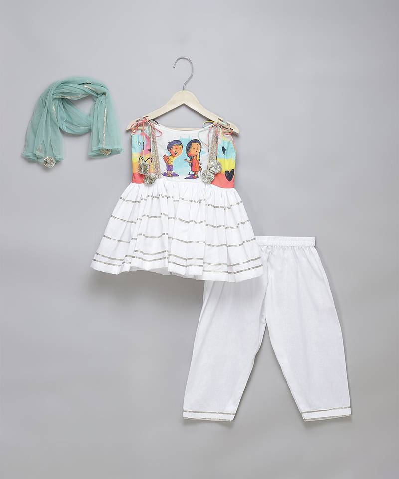 Off white green printed cotton kurta set