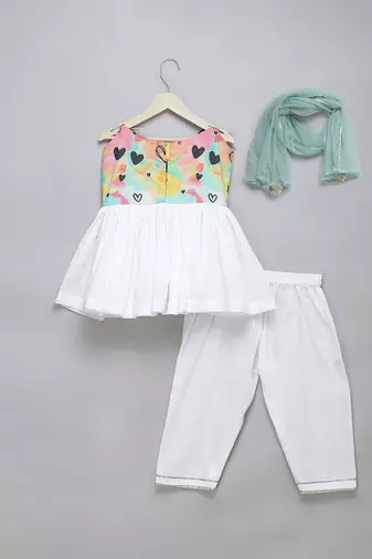 Off white green printed cotton kurta set