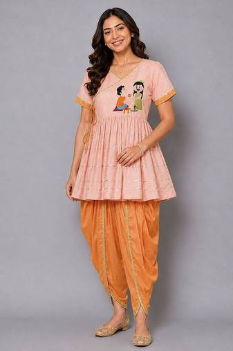 Pink embroidered georgette cotton silk kurta dhoti set