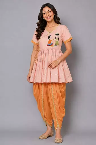 Pink embroidered georgette cotton silk kurta dhoti set