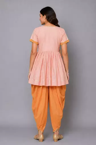 Pink embroidered georgette cotton silk kurta dhoti set