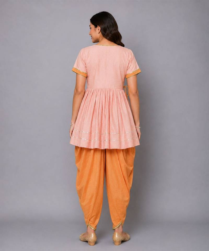 Pink embroidered georgette cotton silk kurta dhoti set