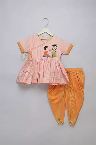 Pink embroidered georgette cotton silk kurta dhoti set
