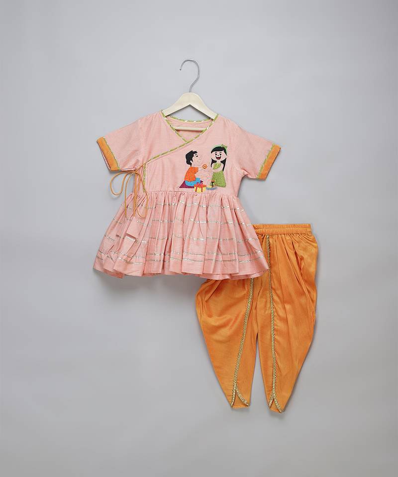 Pink embroidered georgette cotton silk kurta dhoti set