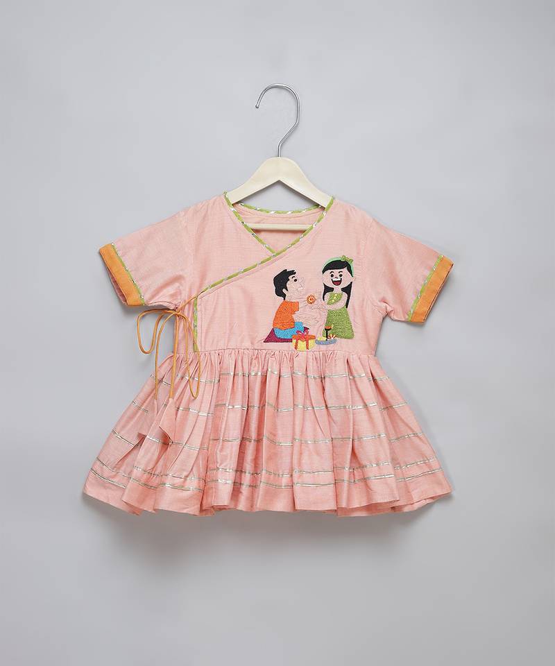 Pink embroidered georgette cotton silk kurta dhoti set