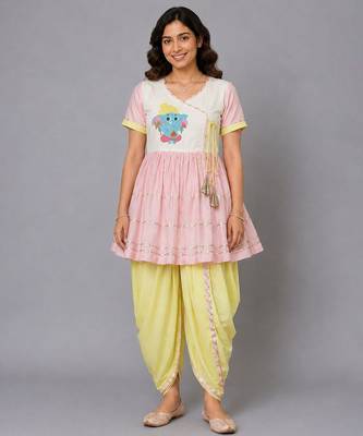 Pink white embroidered cotton silk kurta dhoti set 1