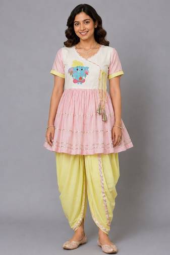 Pink white embroidered cotton silk kurta dhoti set