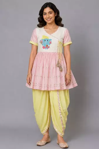 Pink white embroidered cotton silk kurta dhoti set