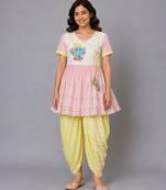 Pink white embroidered cotton silk kurta dhoti set