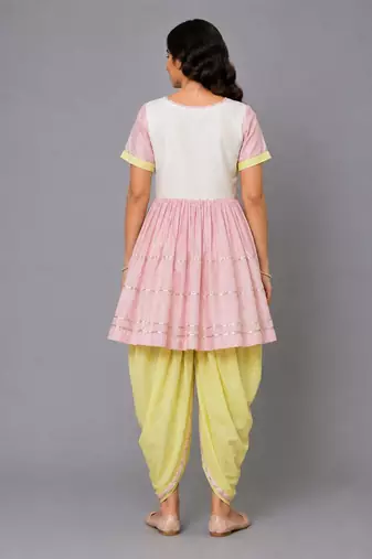 Pink white embroidered cotton silk kurta dhoti set