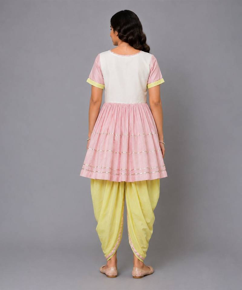 Pink white embroidered cotton silk kurta dhoti set