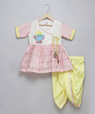 Pink white embroidered cotton silk kurta dhoti set 3