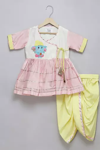 Pink white embroidered cotton silk kurta dhoti set