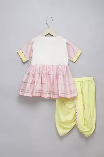 Pink white embroidered cotton silk kurta dhoti set