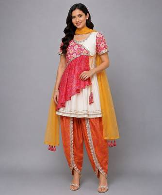 Peach and orange embroidered cotton silk kurta dhoti set 1