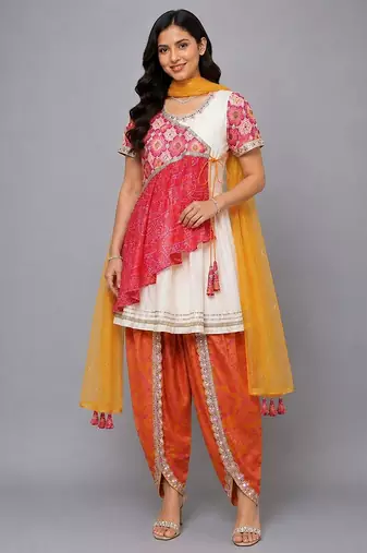 Peach and orange embroidered cotton silk kurta dhoti set