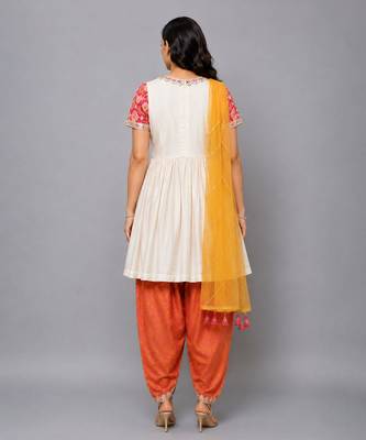 Peach and orange embroidered cotton silk kurta dhoti set 2