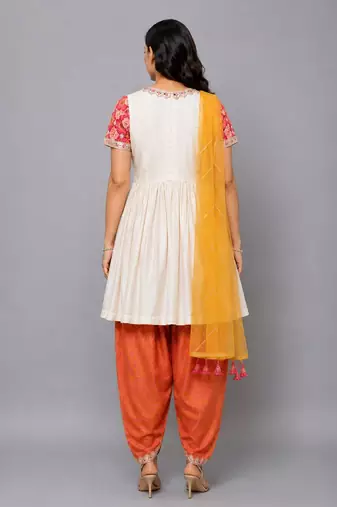 Peach and orange embroidered cotton silk kurta dhoti set