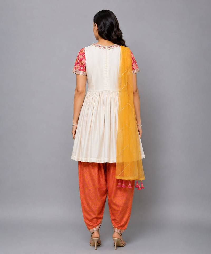 Peach and orange embroidered cotton silk kurta dhoti set