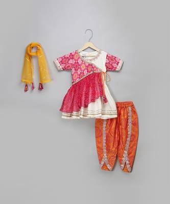 Peach and orange embroidered cotton silk kurta dhoti set 3