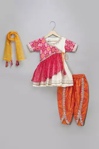 Peach and orange embroidered cotton silk kurta dhoti set