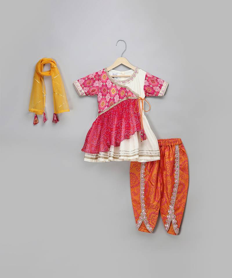 Peach and orange embroidered cotton silk kurta dhoti set