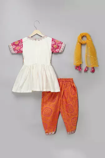Peach and orange embroidered cotton silk kurta dhoti set