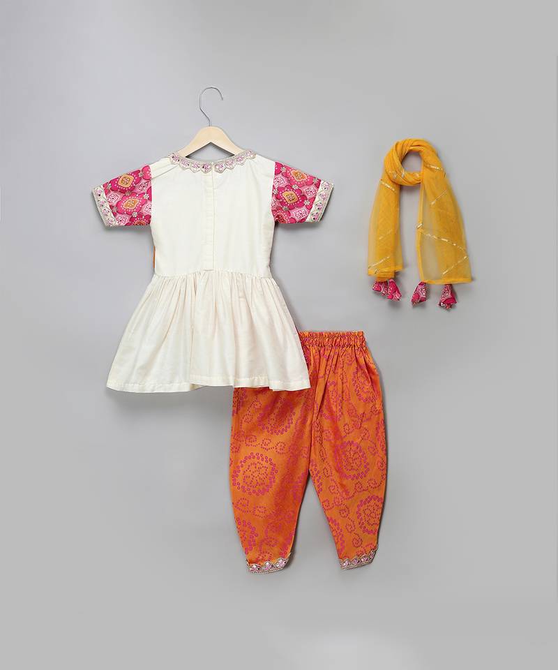 Peach and orange embroidered cotton silk kurta dhoti set