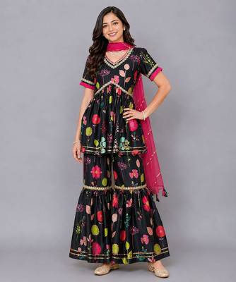 Black floral printed cotton silk sharara set 1