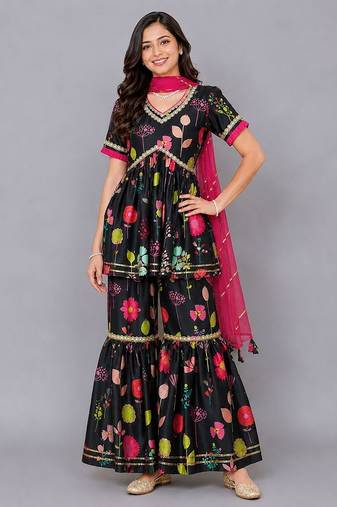 Black floral printed cotton silk sharara set